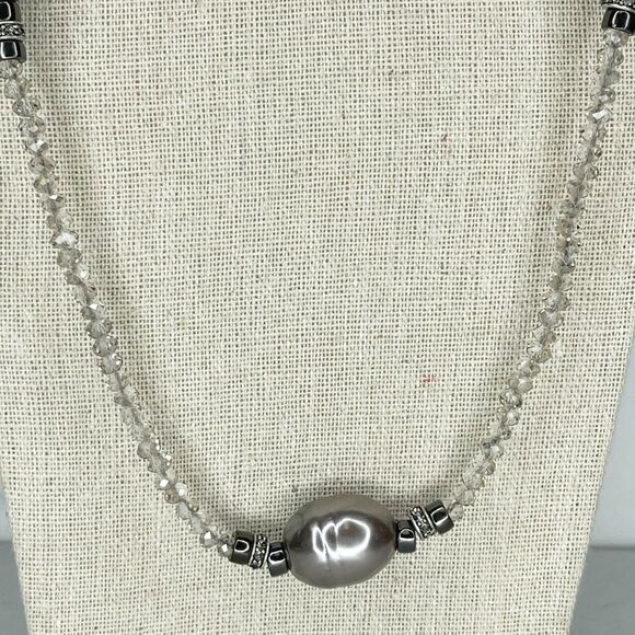 Chico's Silver Tone Metallic Beaded Station Rhinestone Long Necklace - Picture 4 of 6